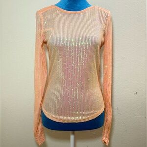 Free People Peach Sequin Fitted Long Sleeve Blouse